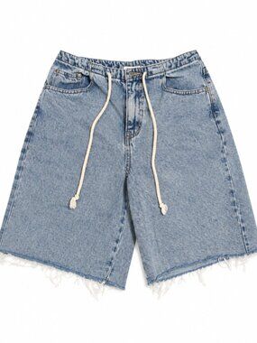Statement Light Wash Denim Bermuda Shorts Size S Drawstring Raw Hem 100% Cotton